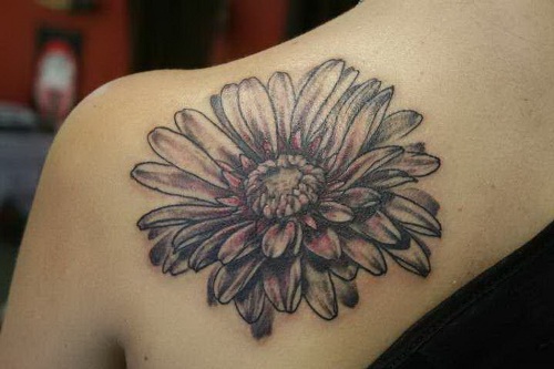 Black Ink Daisy Flower Tattoo On Left Back Shoulder
