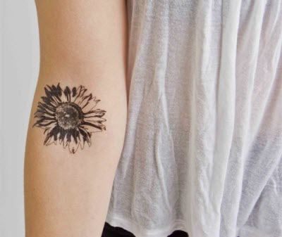 Black Ink Daisy Flower Tattoo On Right Forearm