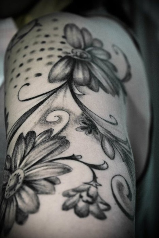 Black Ink Daisy Flowers Tattoo Design For Half Sleeve