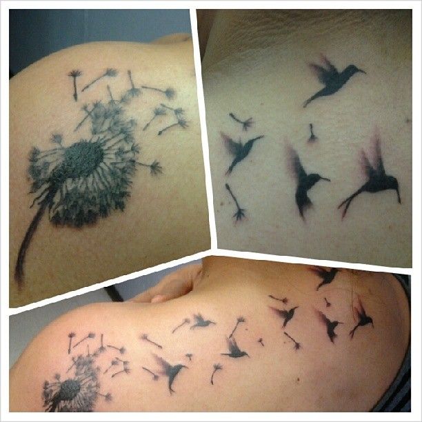 Black Ink Dandelion With Flying Hummingbirds Tattoo On Upper Back