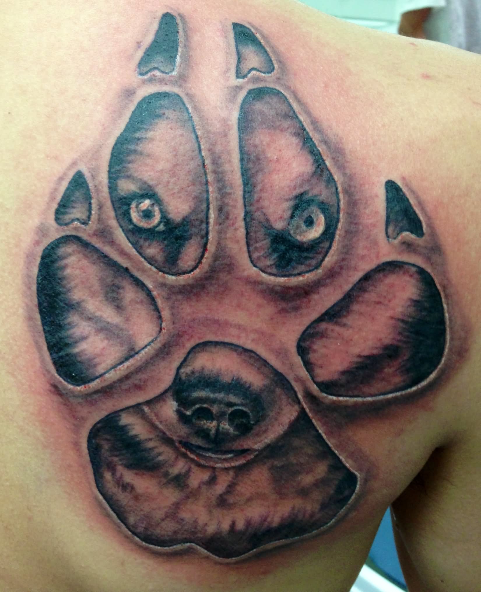 Black Ink Dog Face In Paw Print Tattoo On Right Back Shoulder
