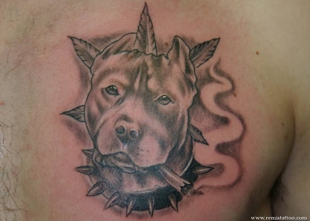 Black Ink Dog Face Tattoo On Man Left Chest