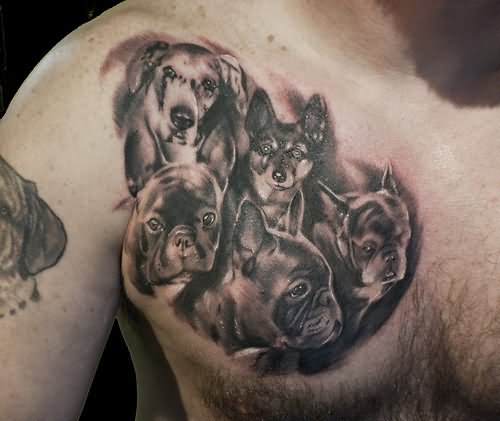 Black Ink Dogs Face Tattoo On Man Right Front Shoulder
