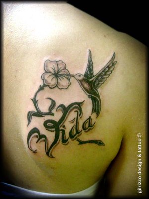 Black Ink Flying Hummingbird With Flower Tattoo On Right Back Shoulder By Gilrizzo