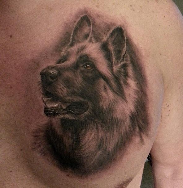 Black Ink German Shepherd Dog Face Tattoo On Man Chest