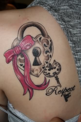 Black Ink Heart Lock And Key Tattoo On Left Back Shoulder