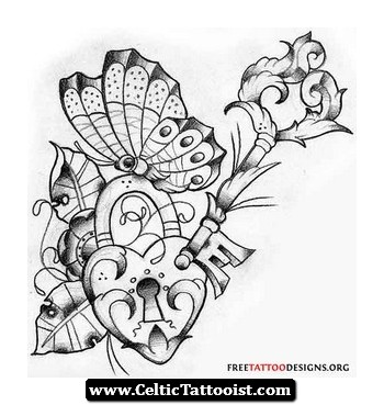 Black Ink Heart Lock With Key And Butterfly Tattoo Design