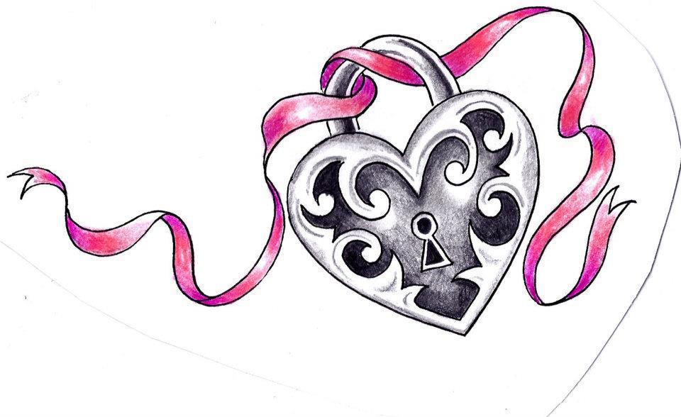 Black Ink Heart Lock With Pink Ribbon Tattoo Design