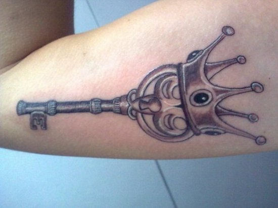 Black Ink Key With Crown Tattoo Design For Bicep