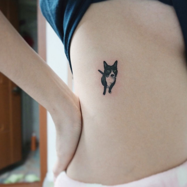 Black Ink Little Dog Tattoo On Side Rib