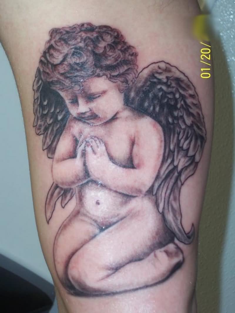 Black Ink Praying Cupid Cherub Tattoo Design For Half Sleeve