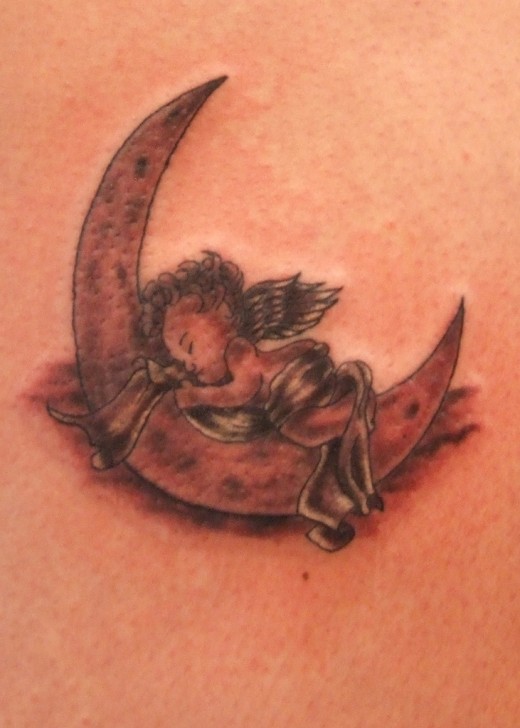 Black Ink Sleeping Cupid Cherub On Half Moon Tattoo Design