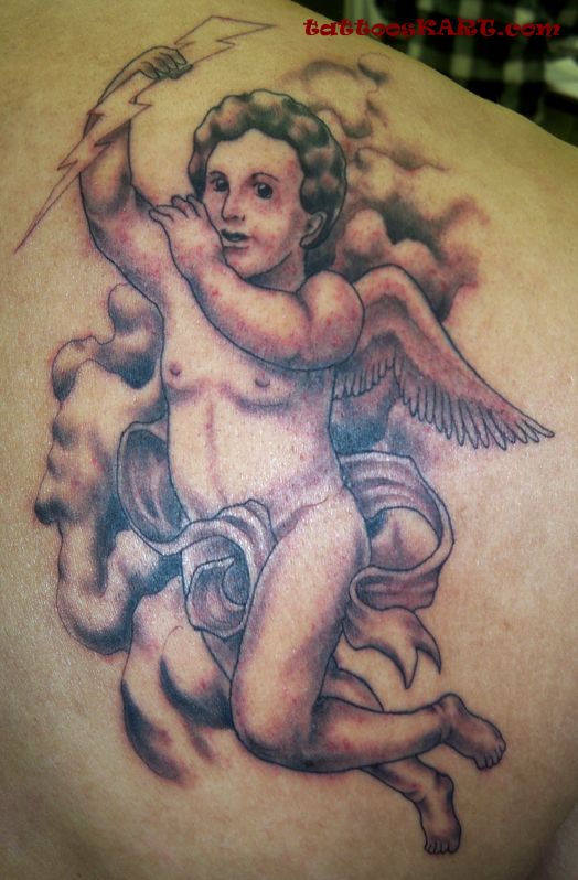 Black Ink Thunderbolt In Cupid Cherub Hand Tattoo On Right Back Shoulder