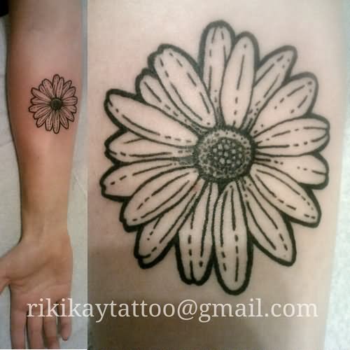 Black Outline Daisy Flower Tattoo On Forearm