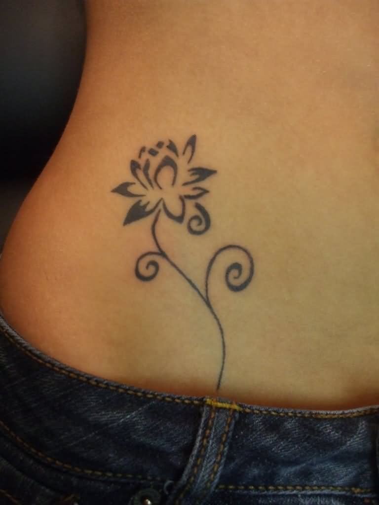 Black Outline Daisy Flower Tattoo On Lower Back