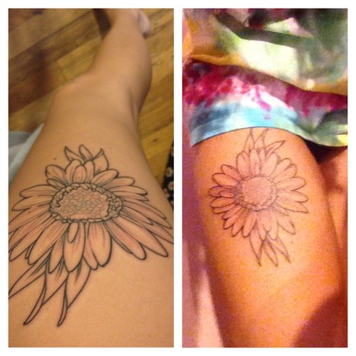 Black Outline Daisy Flower Tattoo On Thigh