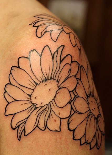Black Outline Daisy Flowers Tattoo Design For Shoulder