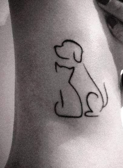 Black Outline Dog And Cat Tattoo Design