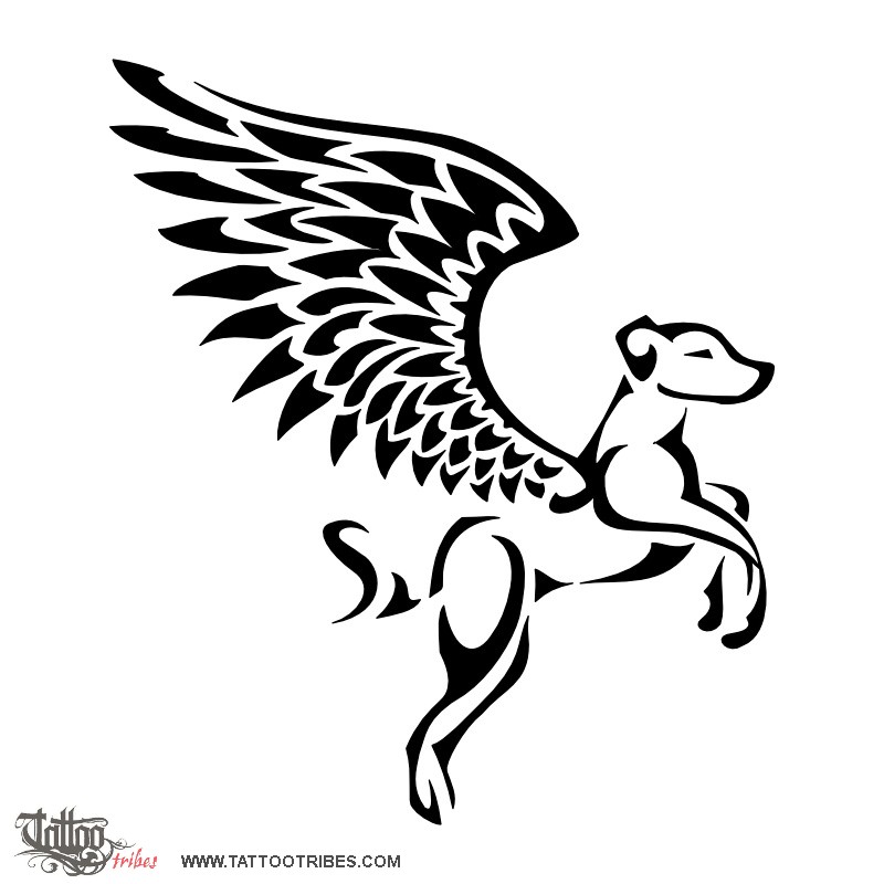 Black Outline Dog With Angel Wings Tattoo Stencil