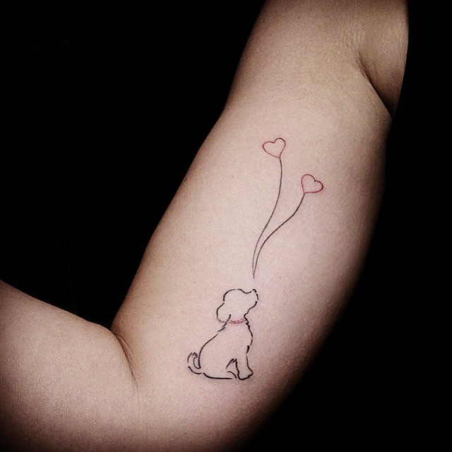 Black Outline Dog With Two Heart Shape Balloon Tattoo On Bicep