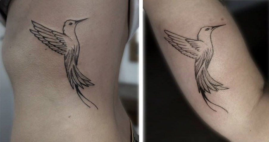 Black Outline Flying Hummingbird Tattoo Design For Side Rib