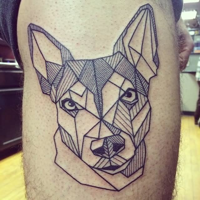 Black Outline Geometric Dog Face Tattoo Design For Side Thigh