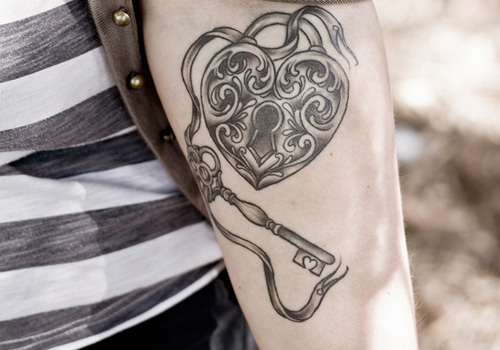 Black Outline Heart With Key Tattoo Design For Forearm