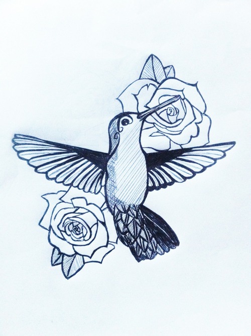 Black Outline Hummingbird With Roses Tattoo Stencil