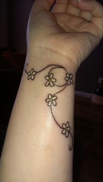 Black Outline Little Daisy Flowers Tattoo On Wrist