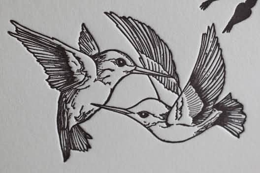 Black Outline Two Hummingbirds Tattoo Stencil