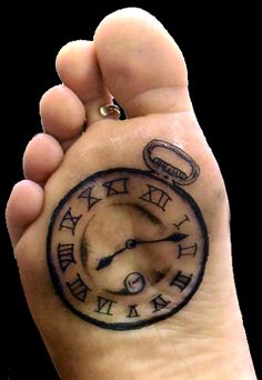 Black Pocket Watch Tattoo On Under Foot