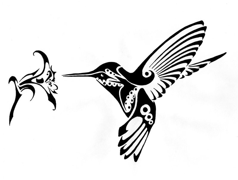 Black Tribal Hummingbird With Flower Tattoo Stencil