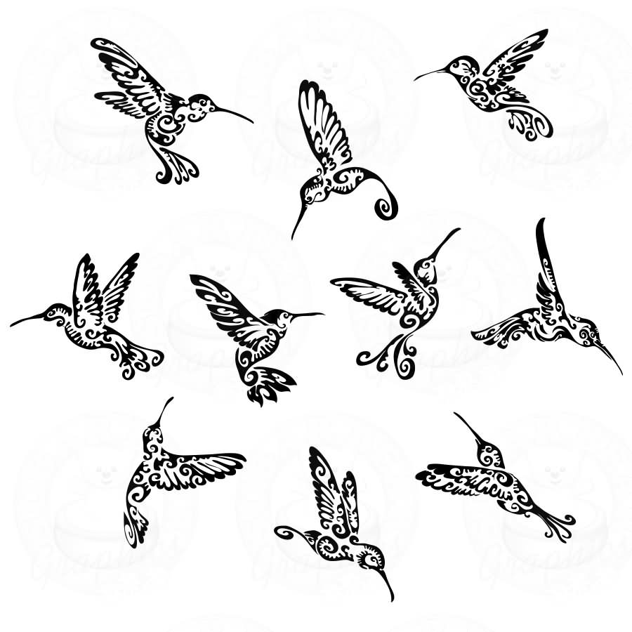 Black Tribal Hummingbirds Tattoo Flash