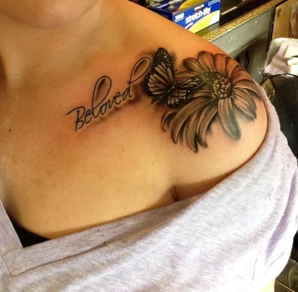 Bloved - Black Ink Daisy Flower With Butterfly Tattoo On Shoulder
