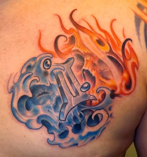 Blue Ink Gemini Zodiac Sign Tattoo On Right Back Shoulder