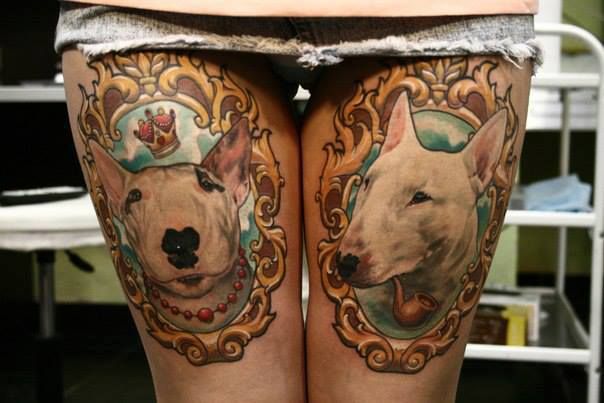 Bull Terrier Dog In Frame Tattoo On Both Thigh
