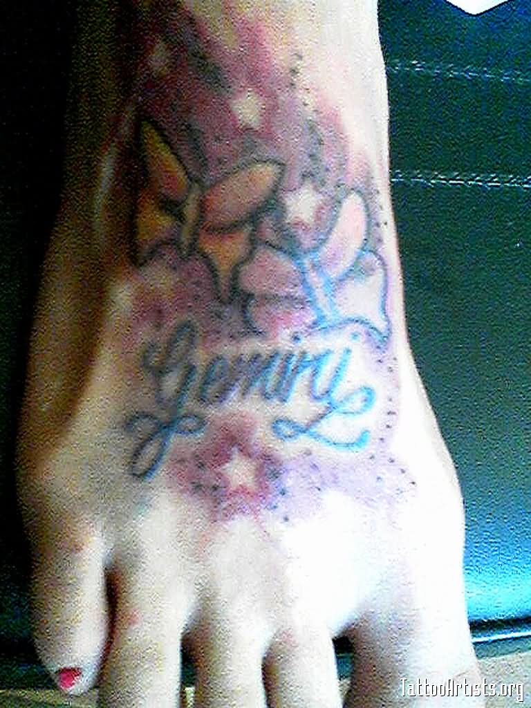 Butterflies And Gemini Tattoo On Girl Right Foot