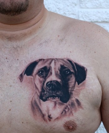 Classic Black Ink Dog Tattoo On Man Chest