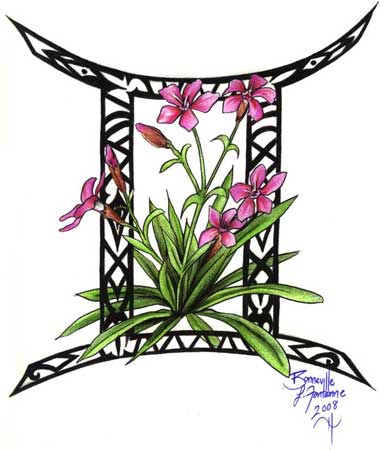 Color Flowers And Gemini Zodiac Sun Sign Tattoo Design