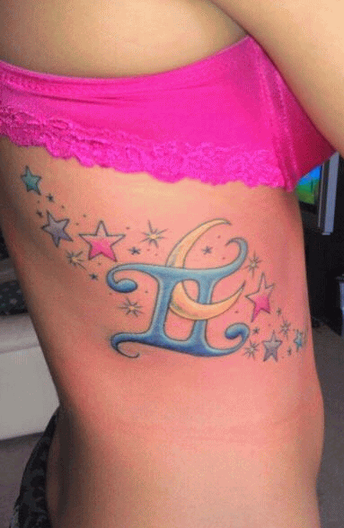 Colored Stars And Gemini Sign With Moon Tattoo On Side Rib