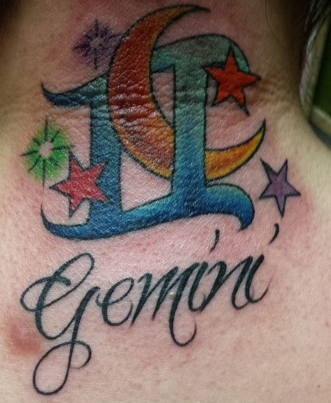 Colored Stars And Gemini Tattoo On Back Neck