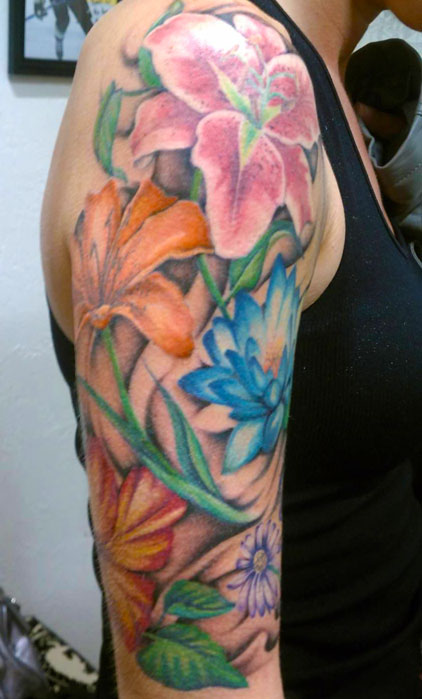 Colorful Daisy Flower Tattoo On Right Half Sleeve