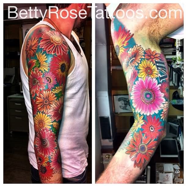 Colorful Daisy Flowers Tattoo On Man Right Full Sleeve