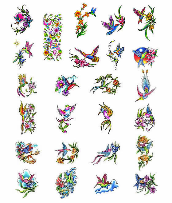 Colorful Flying Hummingbird Tattoo Flash