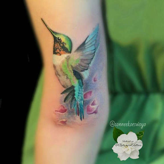 Colorful Hummingbird Tattoo Design For Sleeve