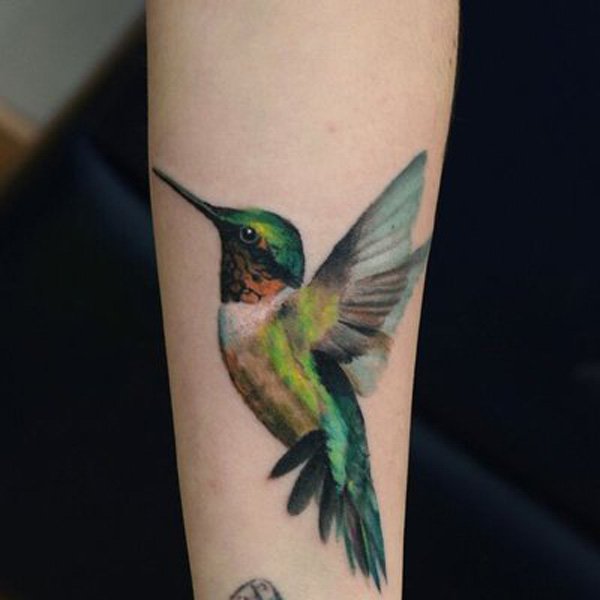 Colorful Hummingbird Tattoo On Forearm