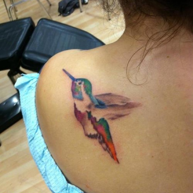 Colorful Hummingbird Tattoo On Girl Left Back Shoulder