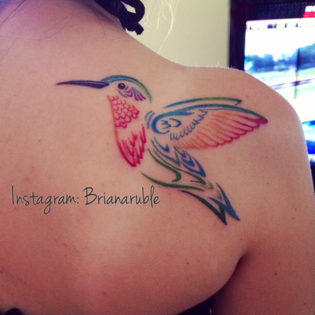 Colorful Hummingbird Tattoo On Right Back Shoulder