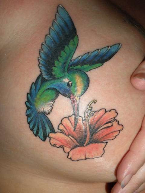 Colorful Hummingbird With Flower Tattoo Design For Back Shoulder