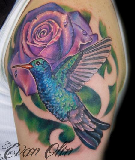 Colorful Hummingbird With Rose Tattoo Design For Shoulder By Evan olin